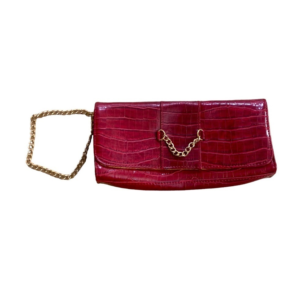 Wristlet Bag Burgundy Croc Print Gold Tone Chain Beige Interior Vintage 80’s